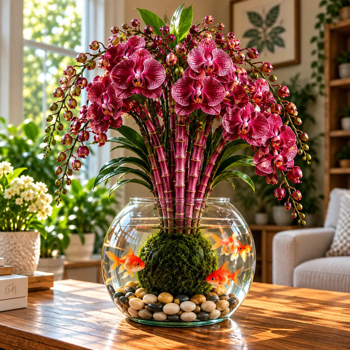 🌸 Rare Hydroponic Bamboo Orchid Moss Ball – Inspired Stems in a Beautiful Water Garden Display.
