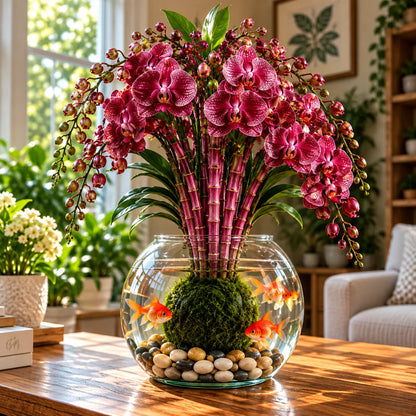 🌸 Rare Hydroponic Bamboo Orchid Moss Ball – Inspired Stems in a Beautiful Water Garden Display.