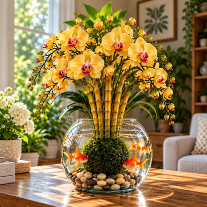 🌸 Rare Hydroponic Bamboo Orchid Moss Ball – Inspired Stems in a Beautiful Water Garden Display.